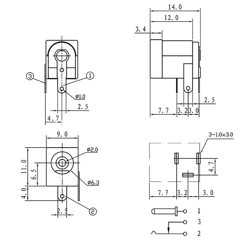 10 Uds 5,5x2,1mm DC-005 conector de toma de corriente CC de 3 pines Terminal de montaje PCB de ángulo recto - imagen 5