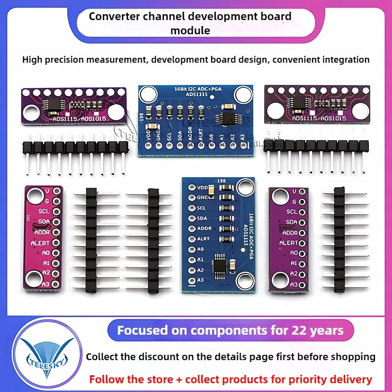 1 Uds ADS1115 ADS1015 módulo I2C de 16 bits precisión ADC Placa de desarrollo de 4 canales amplificador de ganancia profesional 2,0 V a 5,5 V para Arduino RPi