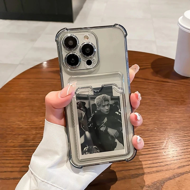 Funda transparente con ranura para tarjetas, funda de teléfono con soporte para iPhone 16 15 14 13 12 11 Pro Max XR, funda trasera transparente de silicona a prueba de golpes - imagen 5
