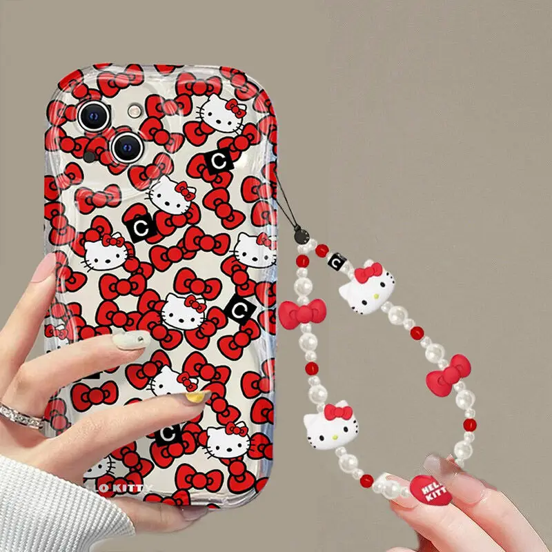 Y2K 3D onda lazos rojos Hello Kitty cadena Linda Funda para Samsung Galaxy S24 FE S23 S25 Ultra A56 A16 A55 A35 A34 A54 Funda - imagen 2