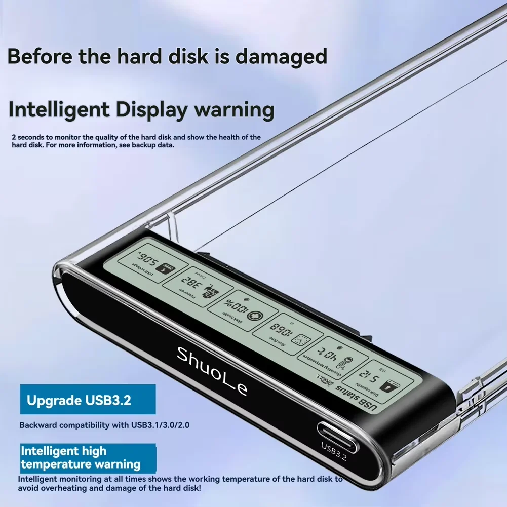 Caja HDD SSD de 2,5 pulgadas, pantalla inteligente, caja HDD externa, disco duro USB3.2 Gen2, estuche de almacenamiento portátil transparente para ordenador portátil y PC - imagen 5