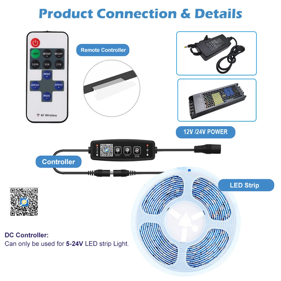 Tira de luces LED de un solo Color, controlador de atenuación con botón BT/APP, Control remoto RF de 11 teclas para cinta de luz COB SMD 5050 2835, DC5-24V - imagen 4