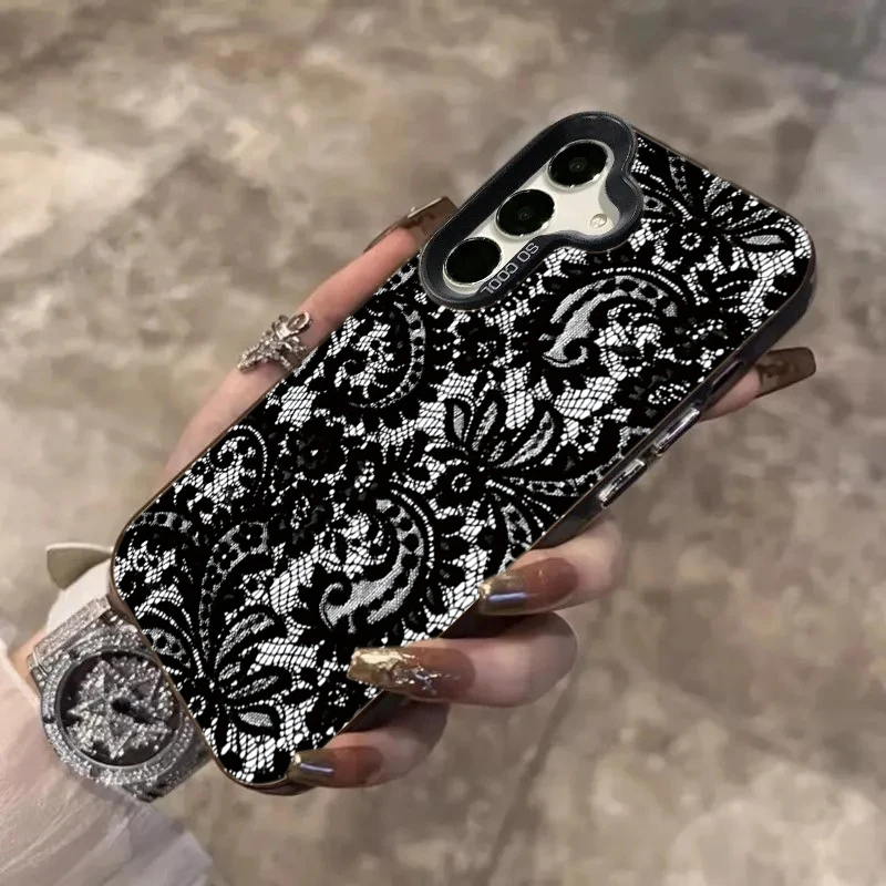 Funda de teléfono láser negra de encaje a la moda para Samsung Galaxy A16 A26 A25 A24 A36 A35 A56 A55 A54 S25 FE S24 Ultra S23 Plus S22 - imagen 3