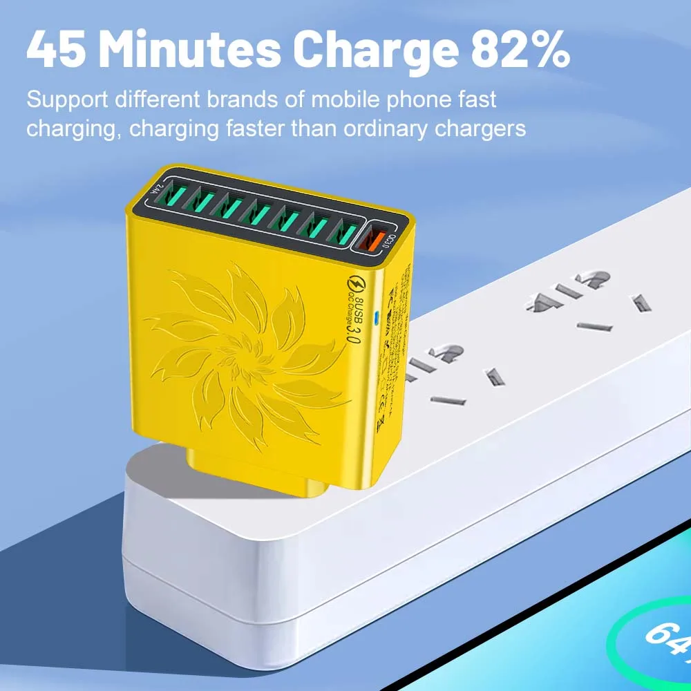 Cargador rápido USB 8 en 1, adaptador de corriente QC3.0, enchufe UE/EE. UU./REINO UNIDO/KR, adaptador de carga rápida para IPhone, Xiaomi, Samsung, cargador de pared de viaje - imagen 2