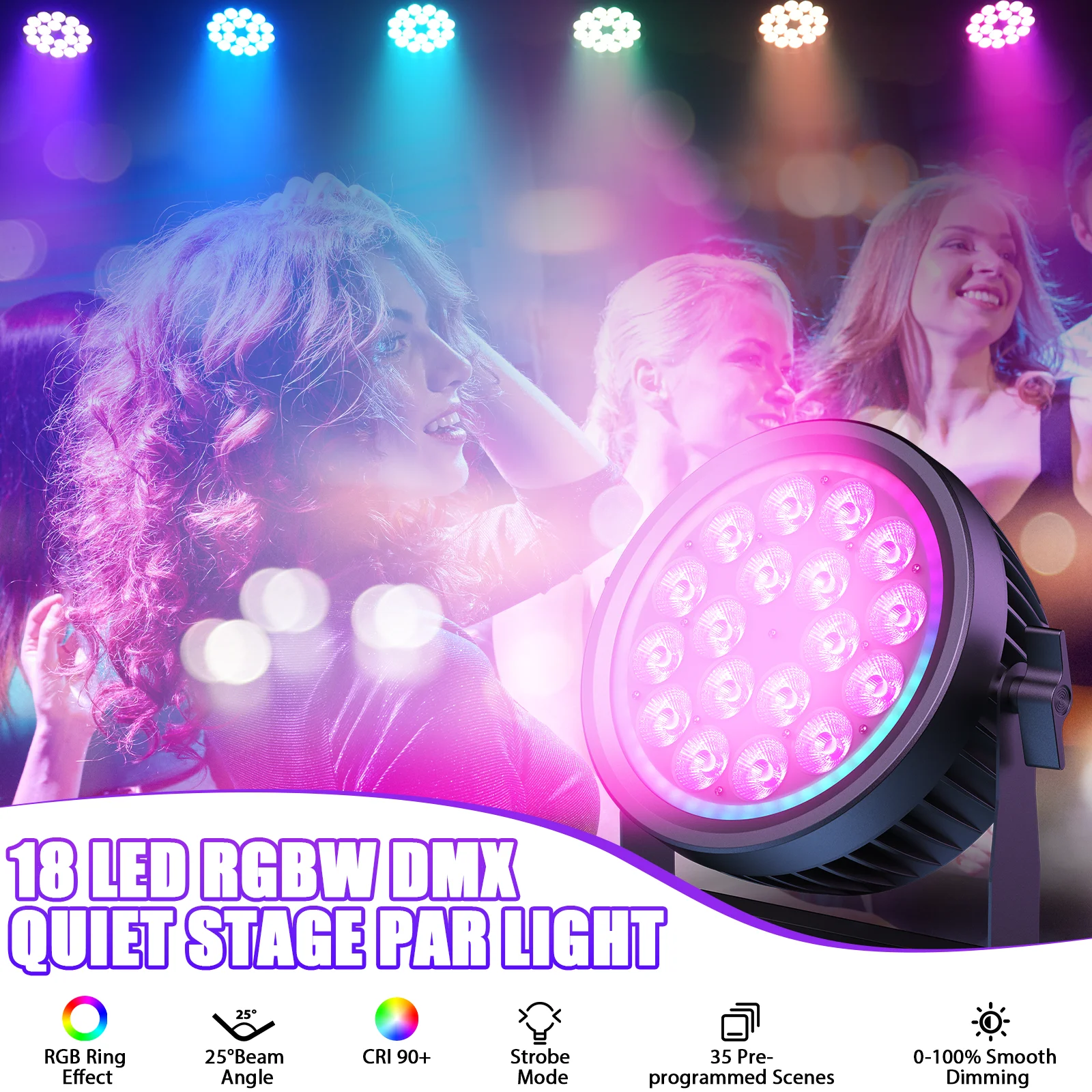 U'King 1/2/4 Uds 200W luces Par silenciosas 18X10W RGBW LED 16,7 M + luces de escenario de colores con anillo RGB DMX512 para fiesta de boda KTV Bar - imagen 3