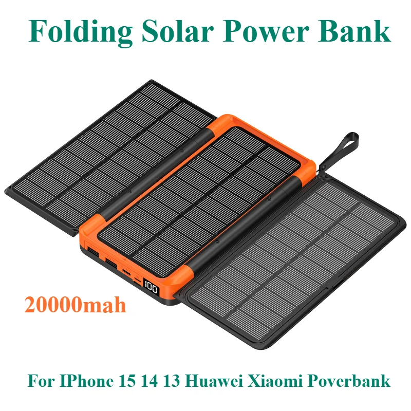 Banco de energía Solar plegable, cargador inalámbrico Qi, 3 paneles solares, para IPhone 15, 14, 13, Huawei, Xiaomi, 20000mAh - imagen 2