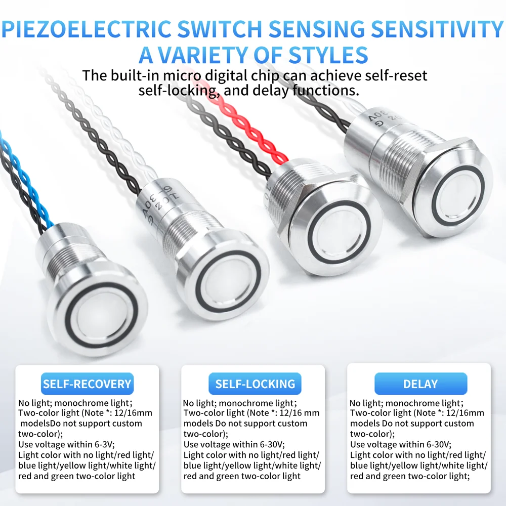 Interruptor cerámico piezoeléctrico de metal, 12/16/19/22/25/30mm, autobloqueo, reinicio automático, botón de presión táctil impermeable HUSA - imagen 2