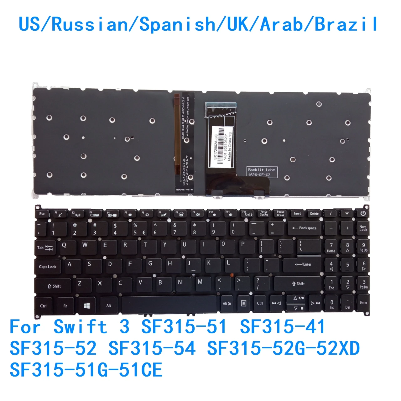 Teclado retroiluminado US RU SP UK AR BR para Acer Swift 3 SF315-51 SF315-41 SF315-52 SF315-54 SF315-52G-52XD SF315-51G-51CE