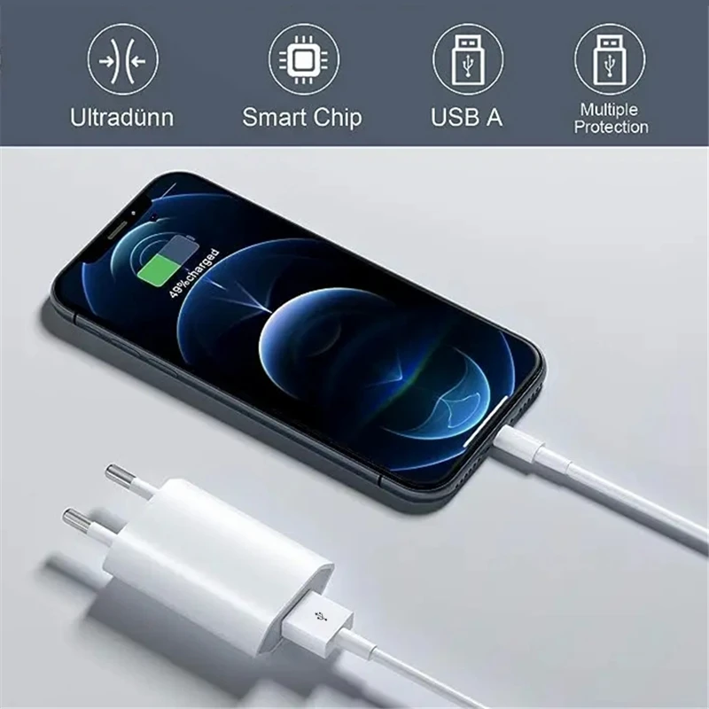 Cargador rápido USB con enchufe europeo para iPhone X XR XS 11 12 mini 13 Pro Max 6 6S 7 8 14 Plus SE 5S Cable USB de carga rápida 1m 1,5m 2m Set - imagen 4
