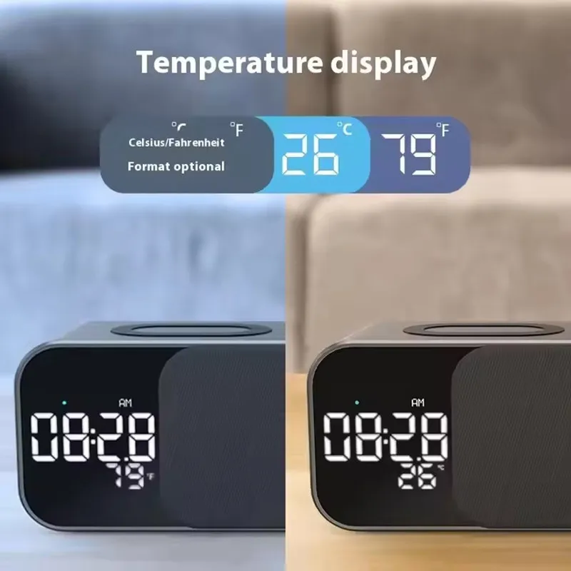 Reloj despertador doble con carga inalámbrica de 15W, Altavoz Bluetooth para el hogar con luz nocturna, subwoofer Bluetooth, pantalla de temperatura FM/TF/AUX - imagen 3