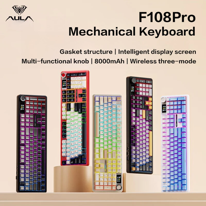 Teclado mecánico personalizado AULA F108pro - Con cable/Bluetooth/inalámbrico 2.4G Efecto de iluminación RGB de 3 modos para juegos y uso en oficina