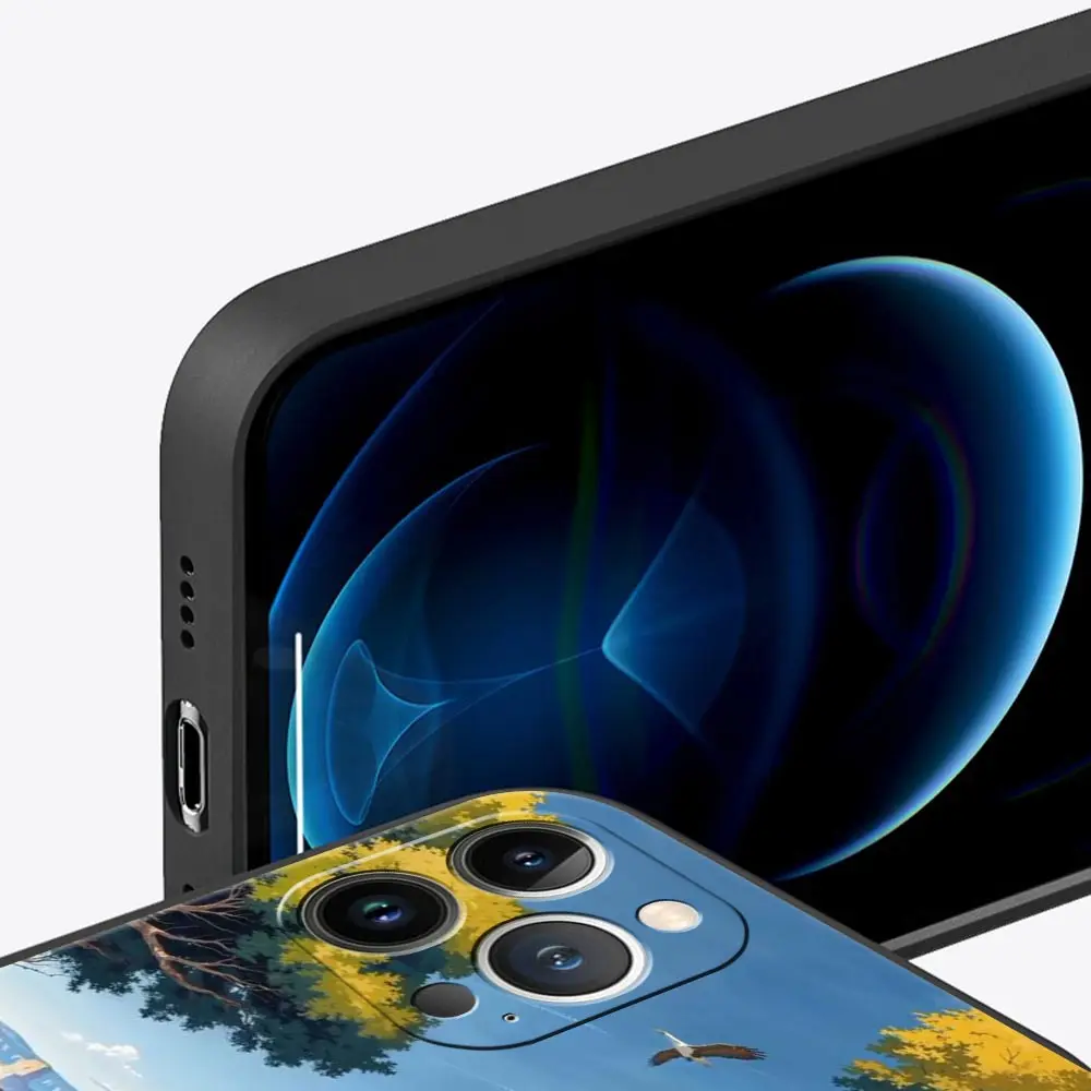 Funda de teléfono de lujo con vehículo de viaje forestal para iPhone 17 Air 16 Plus 13 15 14 12 11 Pro MAX 7 8 SE, funda negra de TPU suave - imagen 4