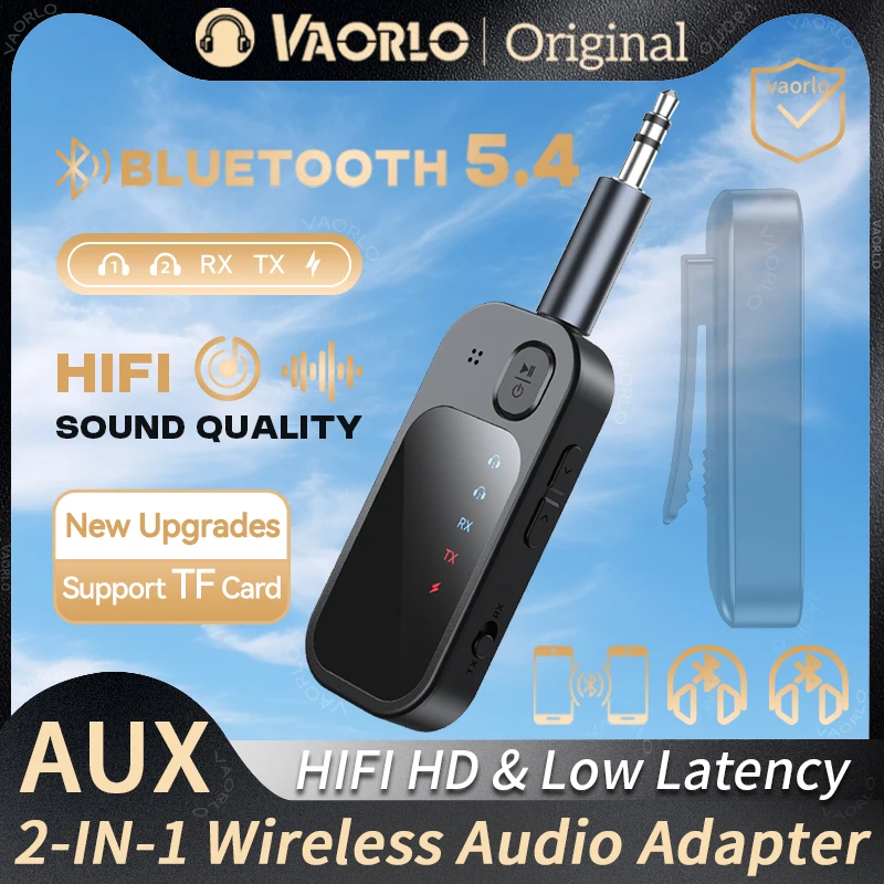 Transmisor y receptor Bluetooth 5.4 multipunto 2 en 1, adaptador inalámbrico de audio estéreo HIFI de doble transmisión con micrófono, compatible con reproducción de tarjeta TF para TV, PC, auriculares, automóvil y avi