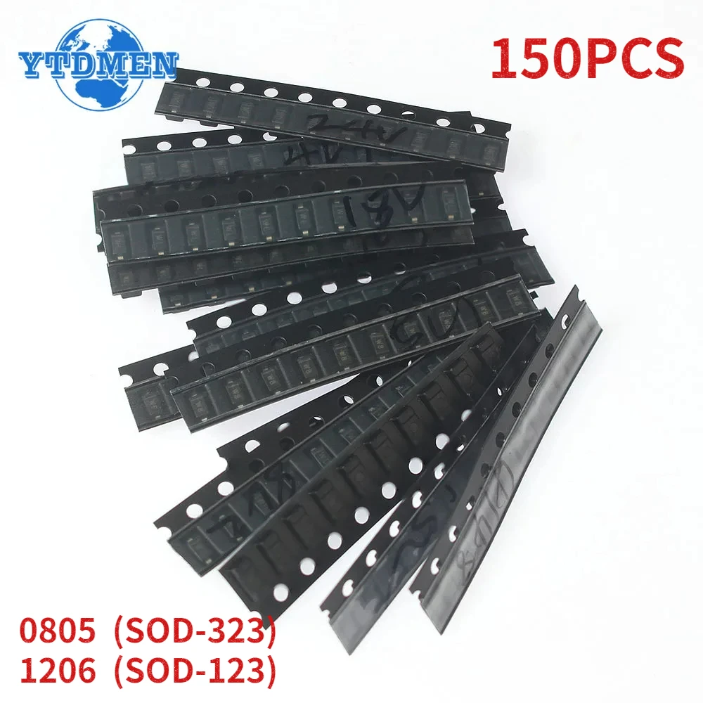 150 Uds Kit de diodo Zener SOD-123 1206 SOD-323 0805 diodo Zener SMD 15 valores 3,3 V 4,7 V 5,1 V 5,6 V 7,5 V 8,2 V 10V 12V 15V