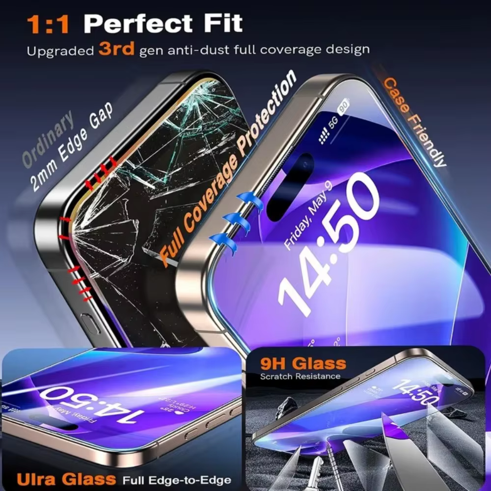 Protector de pantalla de cubierta completa de 3 uds para iPhone 17 16 15 14 13 Pro Max Air 12 11 Pro 15 16 Plus XR XS Max 9H dureza vidrio templado - imagen 2