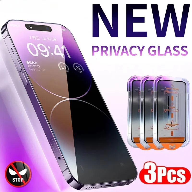 Protector de pantalla de privacidad para IPhone 15, 11, 14, 13, 12, 16 Pro Max XR X XS, vidrio templado antiespía, instalación sin polvo, 3 uds. - imagen 2