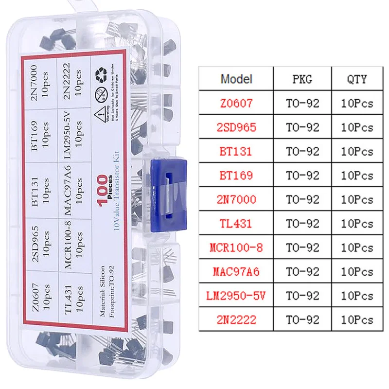 100 Uds 10 valores TO-92 Kit surtido de tiristor triodo Z0607 2SD965 BT131 BT169 2N7000 TL431 MCR100-8 MAC97A6 LM2950-5V 2N2222