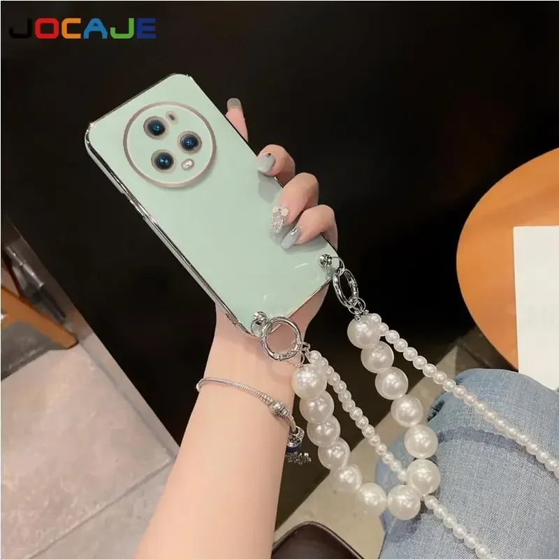 Funda de silicona chapada para Huawei Honor Magic 5 Pro 7 6 Lite 7 Pro pulsera de cadena de perlas cordón cruzado funda protectora de lente - imagen 2