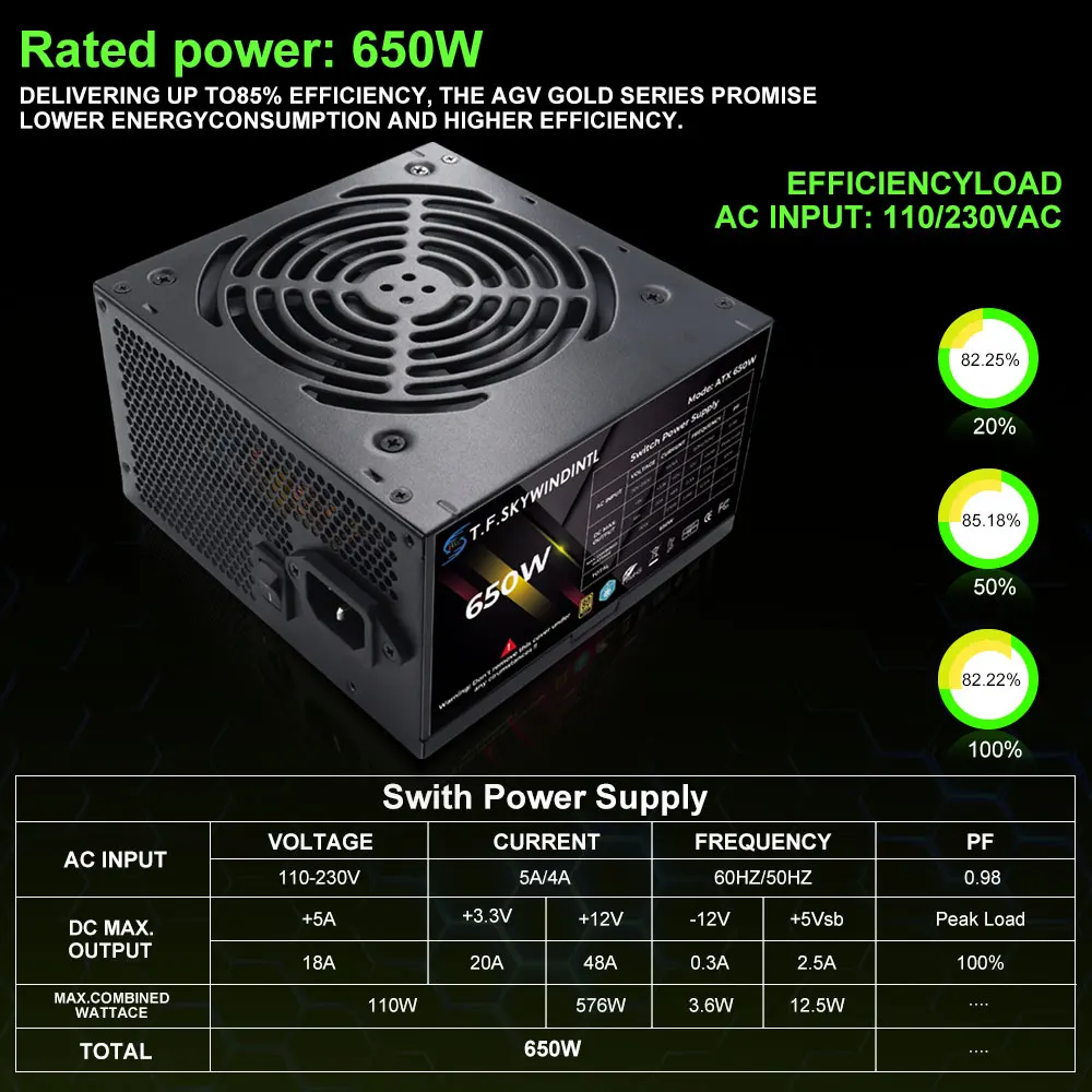 T.F.SKYWINDINTL 650 vatios fuente de alimentación PC PSU unidad de fuente de alimentación negro Gaming silencioso ventilador de 120mm 110V 220V ATX alimentación de computadora de escritorio - imagen 4