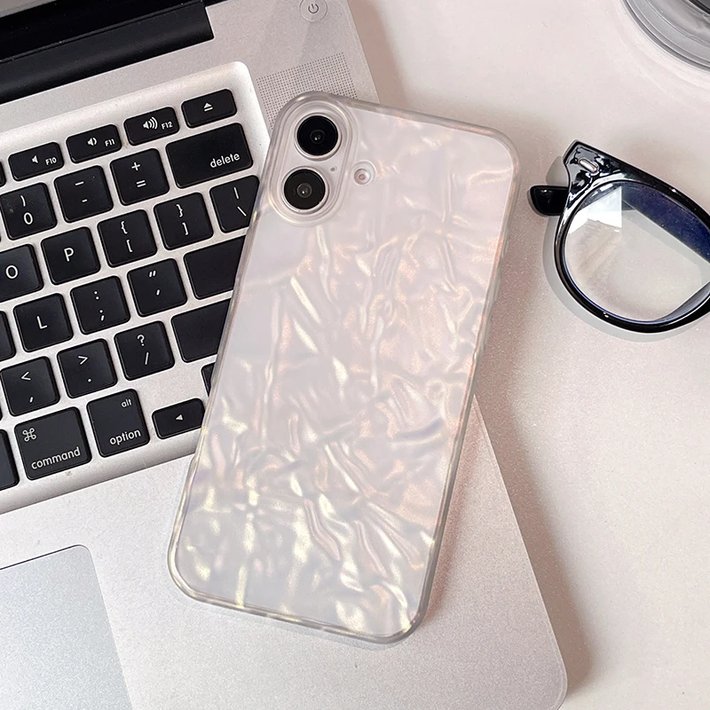 Funda trasera suave con textura doblada de color blanco perla Ins para iPhone 11 12 13 14 15 16 Pro Max 16 Plus - imagen 5