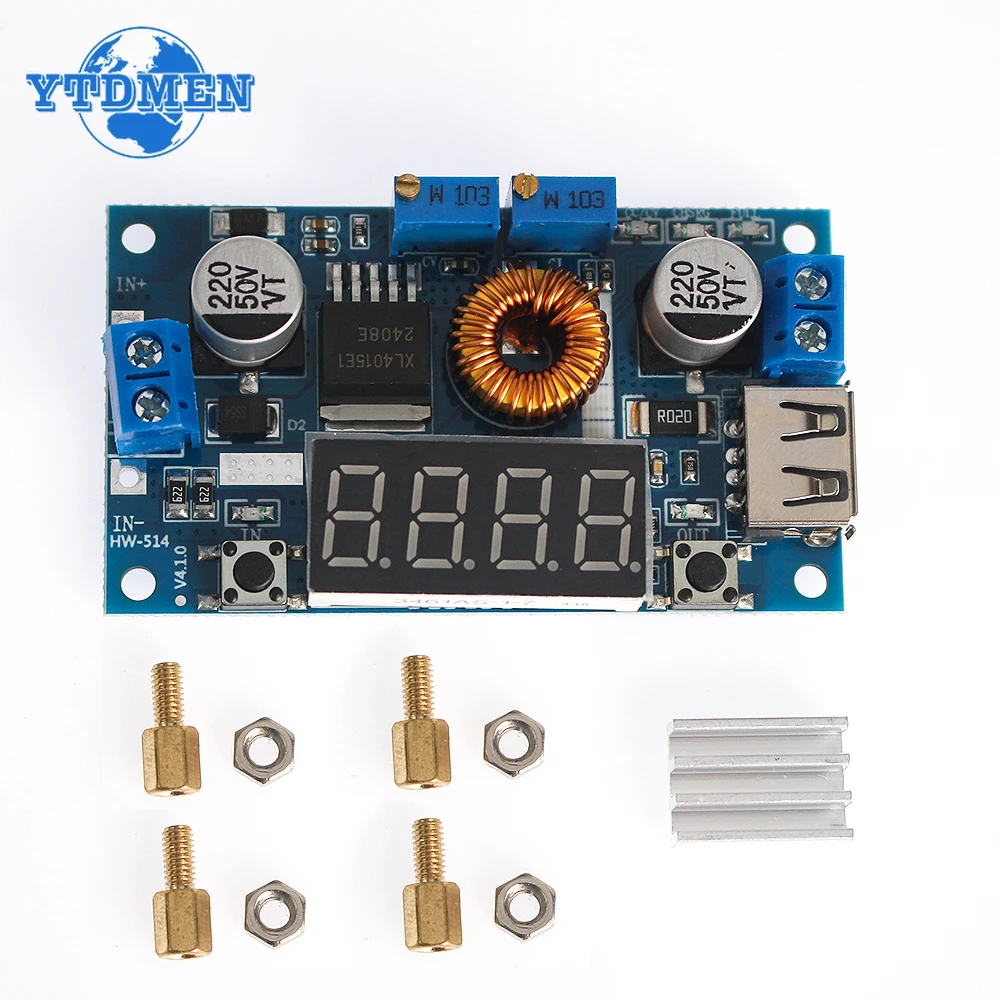 Convertidor de DC-DC 5A XL4015, módulo de cargador reductor ajustable, convertidor reductor, controlador LED con voltímetro rojo