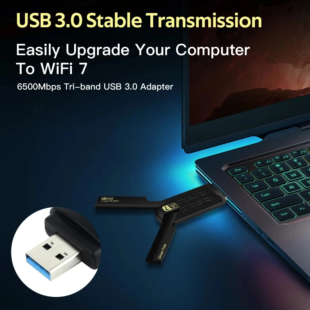 Adaptador USB WiFi 7 BE6500 2,4G/5G/6GHz tarjeta de red inalámbrica USB3.0 de tres bandas 6500Mbps 802.11BE para PC Win10/11 - imagen 3