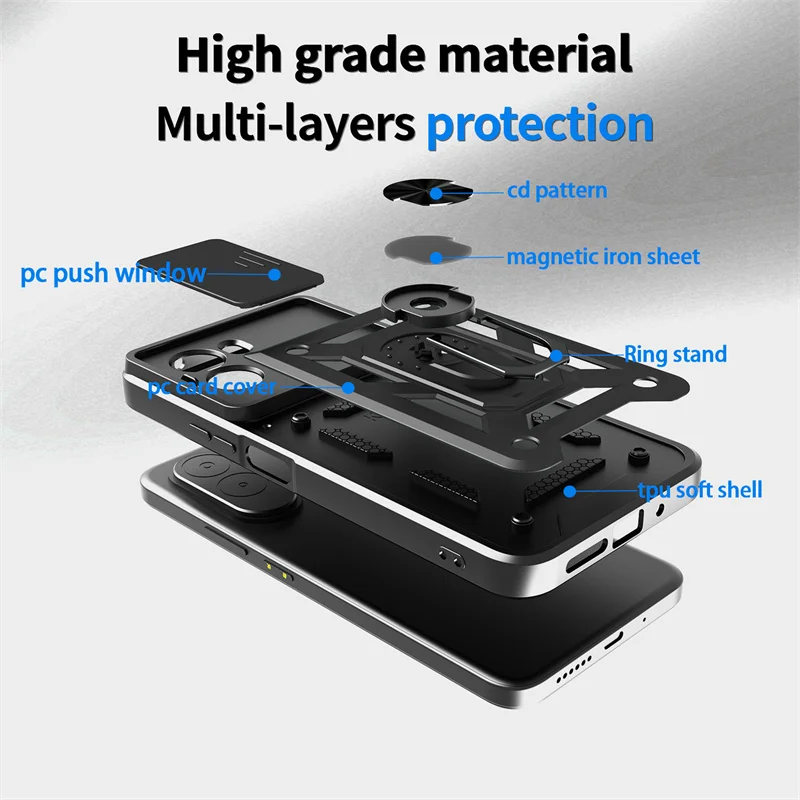 Para Xiaomi Poco M7 4G lente de cámara deslizante protección funda de teléfono para POCO M7 M 7 PocoM7 4G anillo soporte híbrido cubierta a prueba de golpes - imagen 2