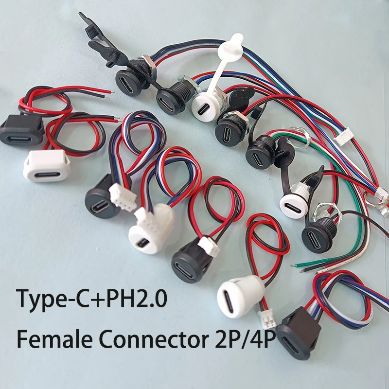 Conector hembra impermeable USB TYPE-C, 2-5 pines con cable de 10-15cm con placa de bloqueo de tuerca Terminal PH2.0, conector de carga rápida Por, 1 Uds. - imagen 2