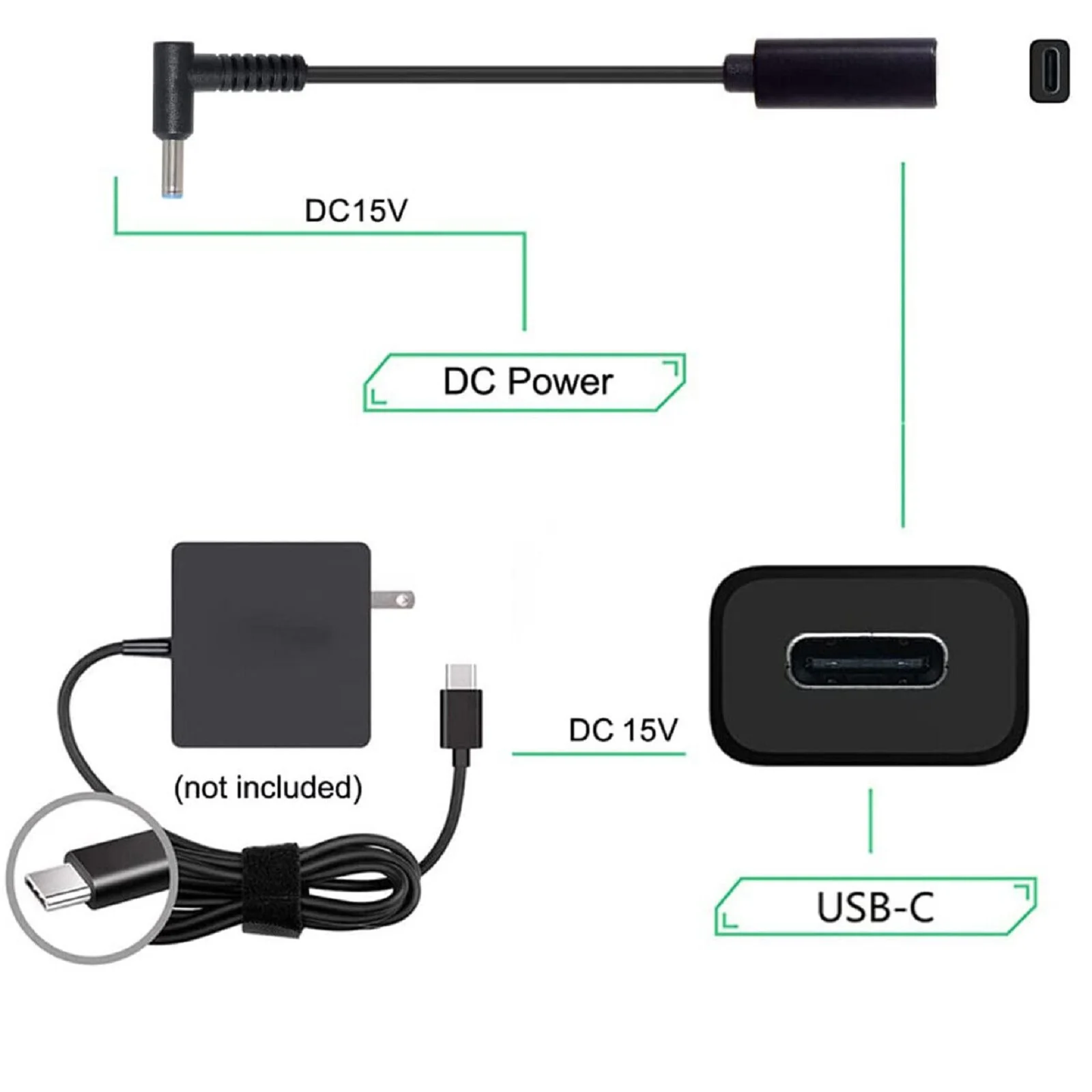 Cable de carga rápida USB tipo C hembra a DC 4,5mm x 3,0mm, Cable de carga PD de 65W, en forma de L, 90 grados, para portátil HP de 14cm - imagen 5