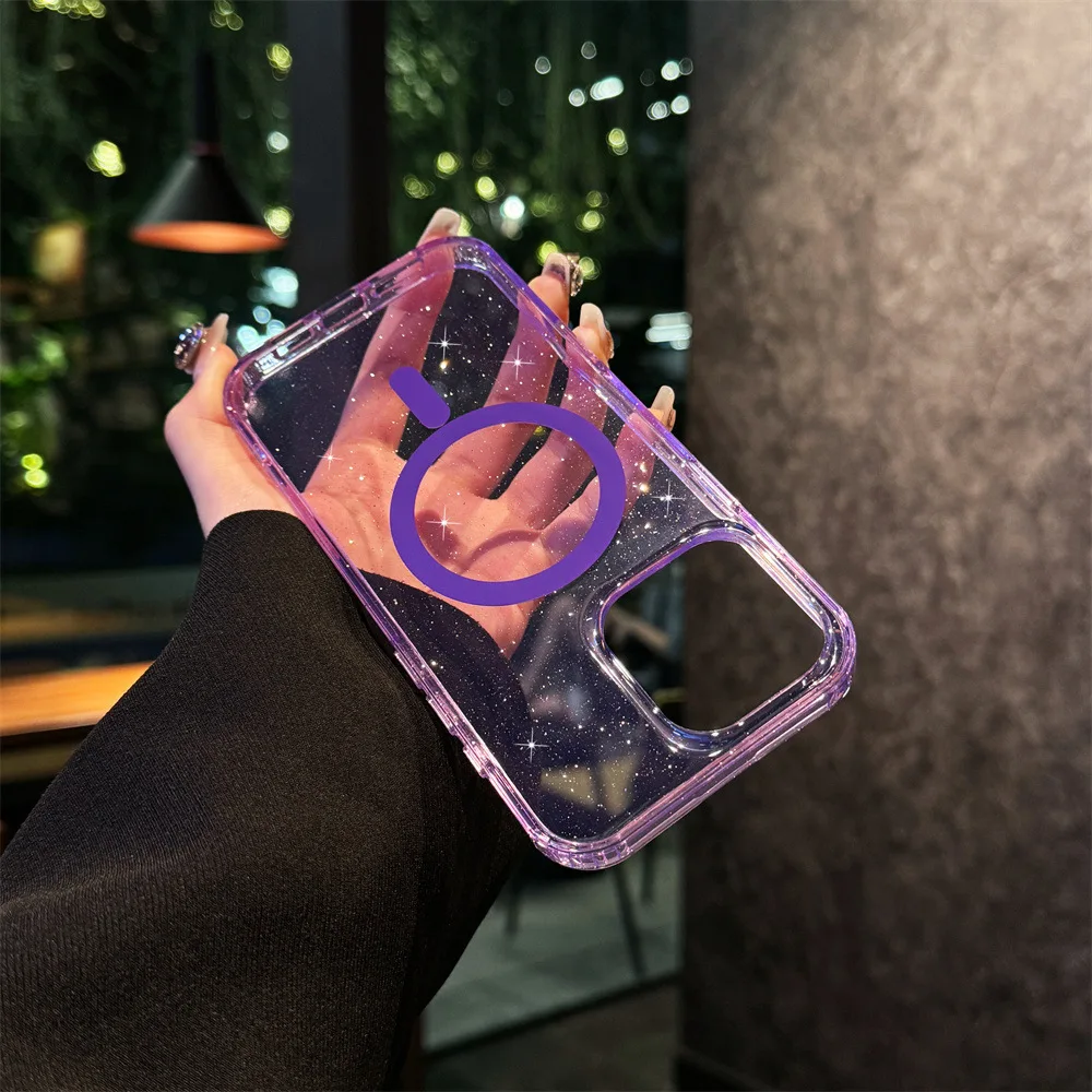 Funda magnética para iPhone 16 16E 15 14 13 12 Pro Max Plus, funda brillante estrellada transparente a prueba de golpes, Fundas para teléfono Mag-safe - imagen 5