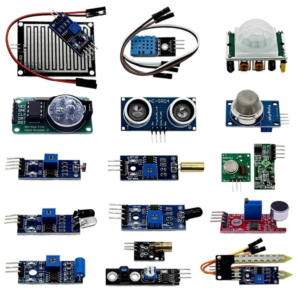 Kit de módulo de sensor 22 en 1 para sensores de robot, kit de inicio de aprendizaje 22 en 1 Inclinación/Sonido/gota de lluvia/HC-SR501/Módulo ultrasónico/agua