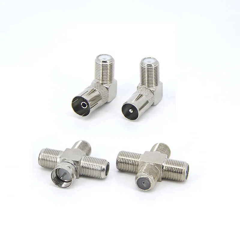 RF F macho hembra a 2 TV de 3 vías macho hembra Cable de enchufe en ángulo recto conector divisor T enchufe hembra de TV Coaxial