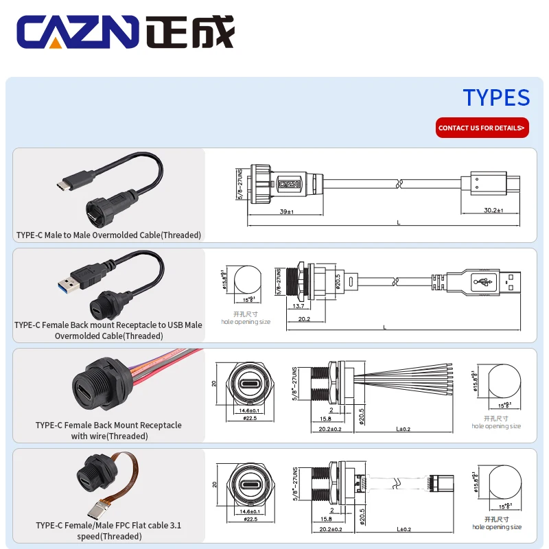 Impermeable tipo C roscado macho a macho 20 Gbit/s enchufe recto versión 3,0, 3,2, 0,5 m, 1 m, 2 m
