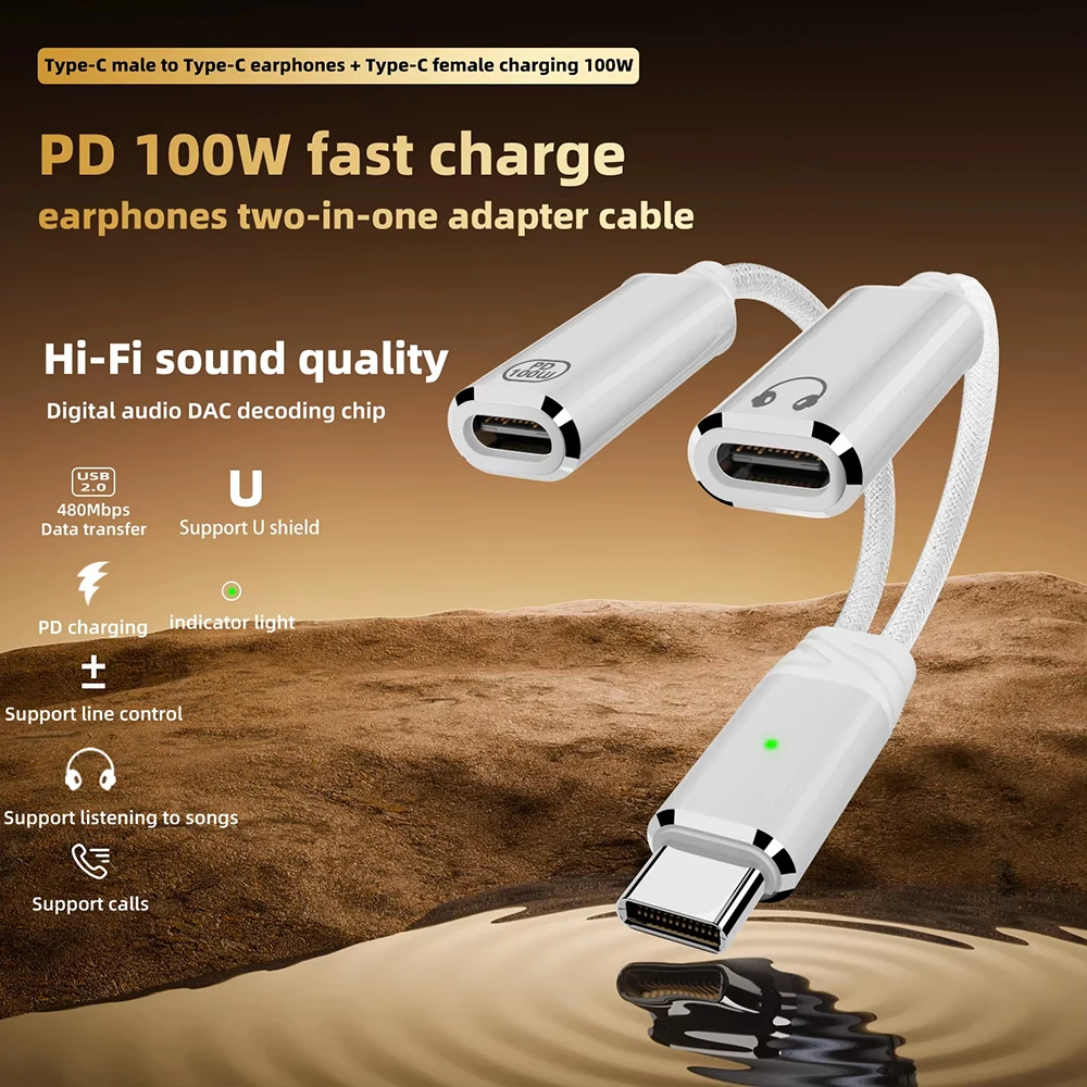PD100W Cable adaptador de auriculares de carga rápida 2 en 1 USB C divisor tipo C auriculares Jack adaptador de Audio para iPhone 16 15 Samsung - imagen 5