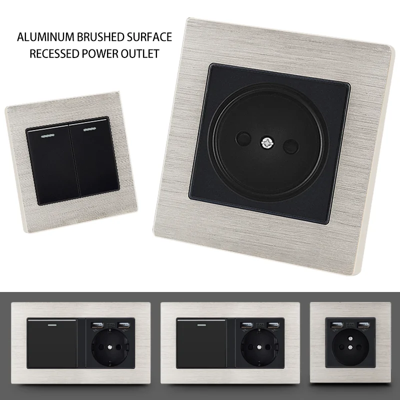 Panel de pared de aluminio cepillado plateado, carga USB integrada con toma de corriente, estándar Eu Ru, 86*86mm