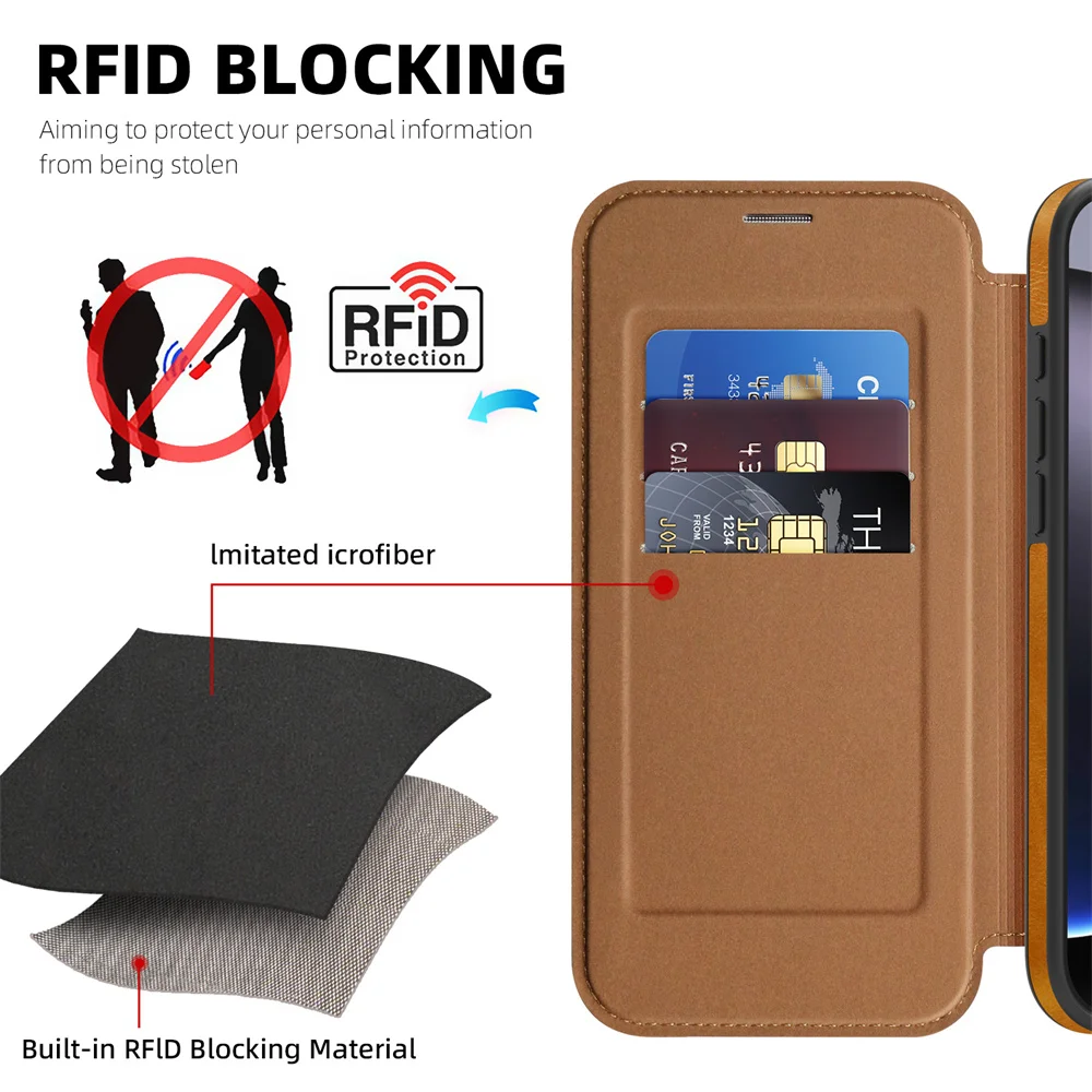 Funda de teléfono con imán de cuero con tapa magnética de lujo para iPhone 16E 15 16 17 Pro Max 14 13 12 11 funda con soporte para tarjetas con ranura - imagen 5