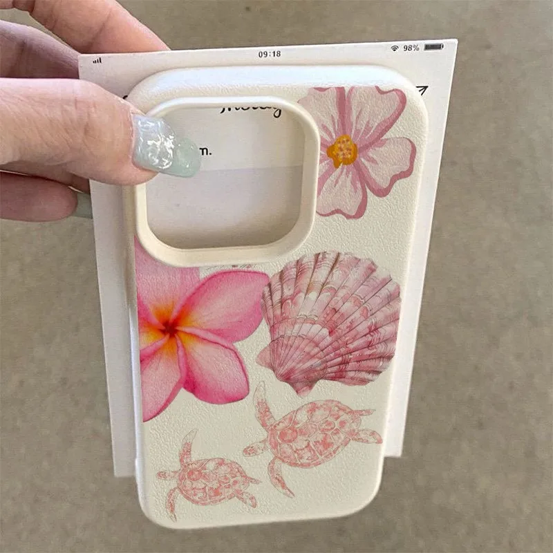 Para iPhone 16 15 14 13 12 11 Pro Max Plus Funda Rosa Tortuga marina Flor hawaiana Patrón de lichi Funda para iPhone XS X XR 16e Funda - imagen 2