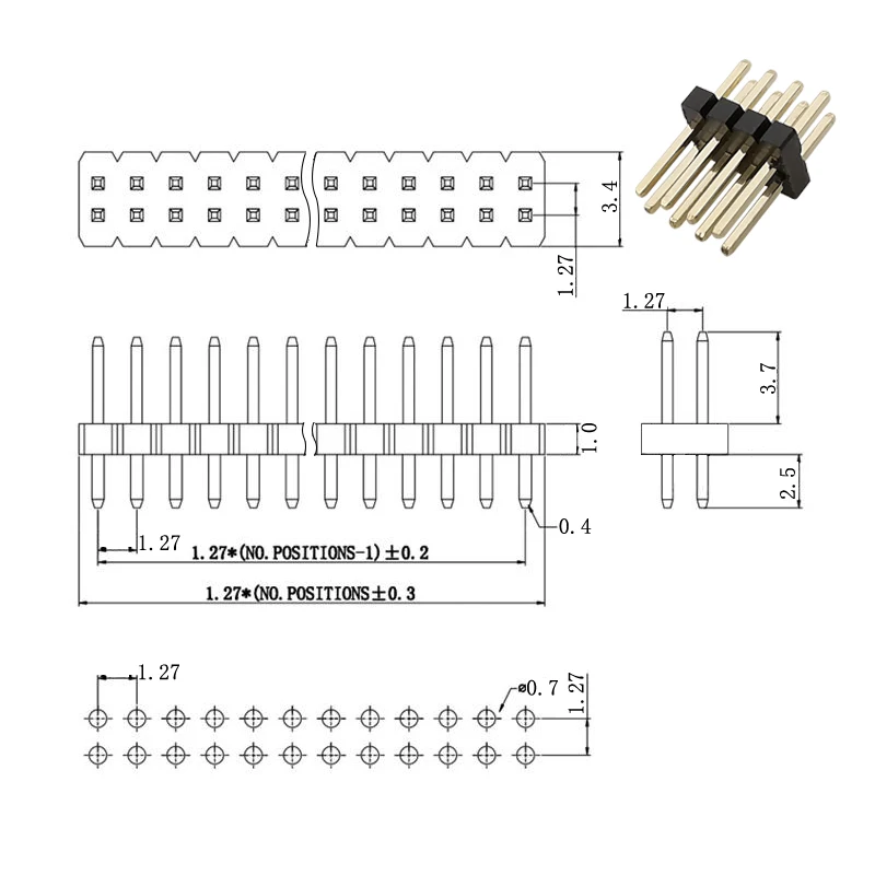 Cabezal de Pin de paso chapado en oro para Arduino, tira de conector de placa PCB de 10 piezas, 1,27mm, una fila o doble, 2P ~ 50 pines - imagen 5