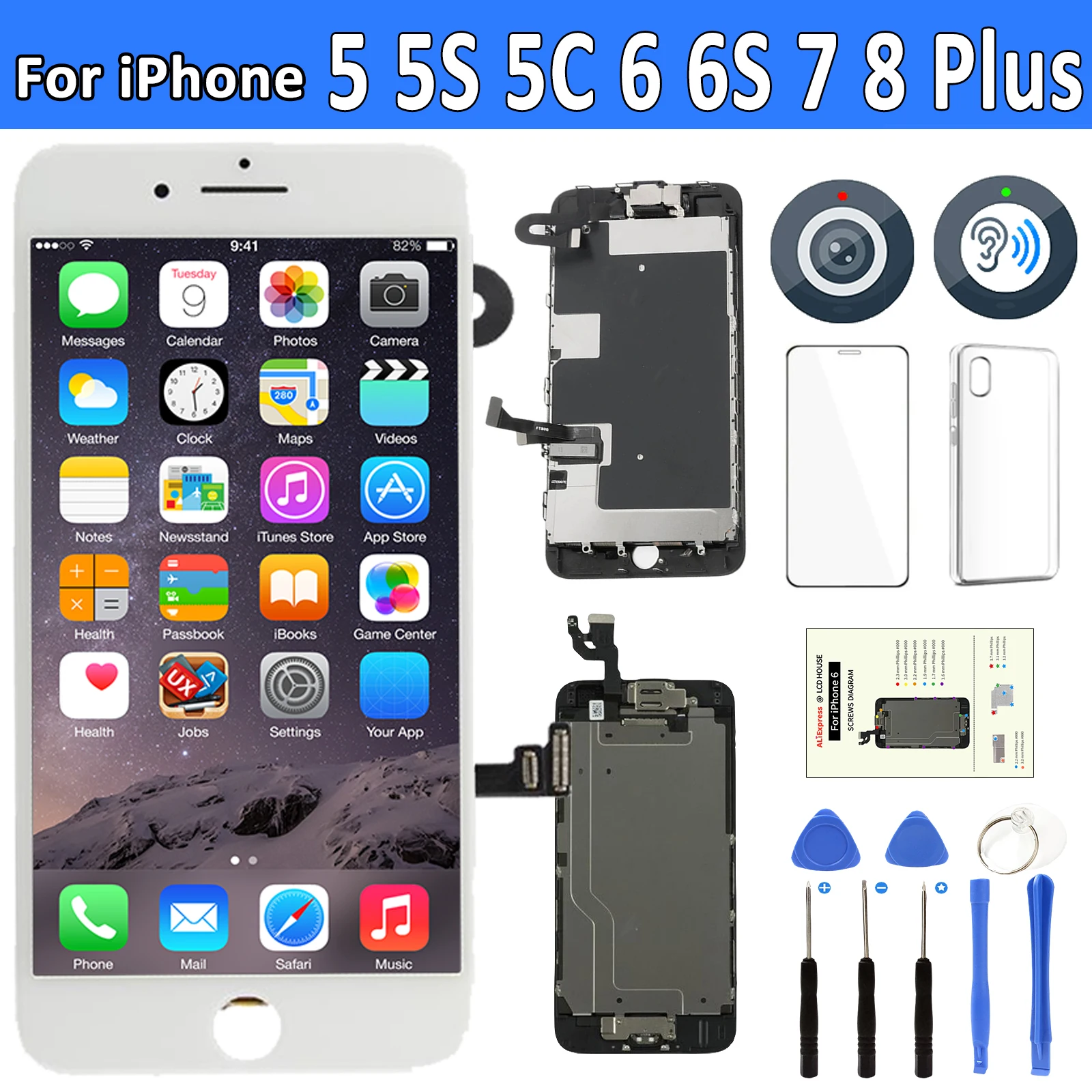 Pantalla AAA para iPhone 5 5S 5SE 6 6S 7 8 Plus Pantalla LCD conjunto completo de montaje Pantalla táctil digitalizador Pantalla de repuesto + cámara - imagen 2