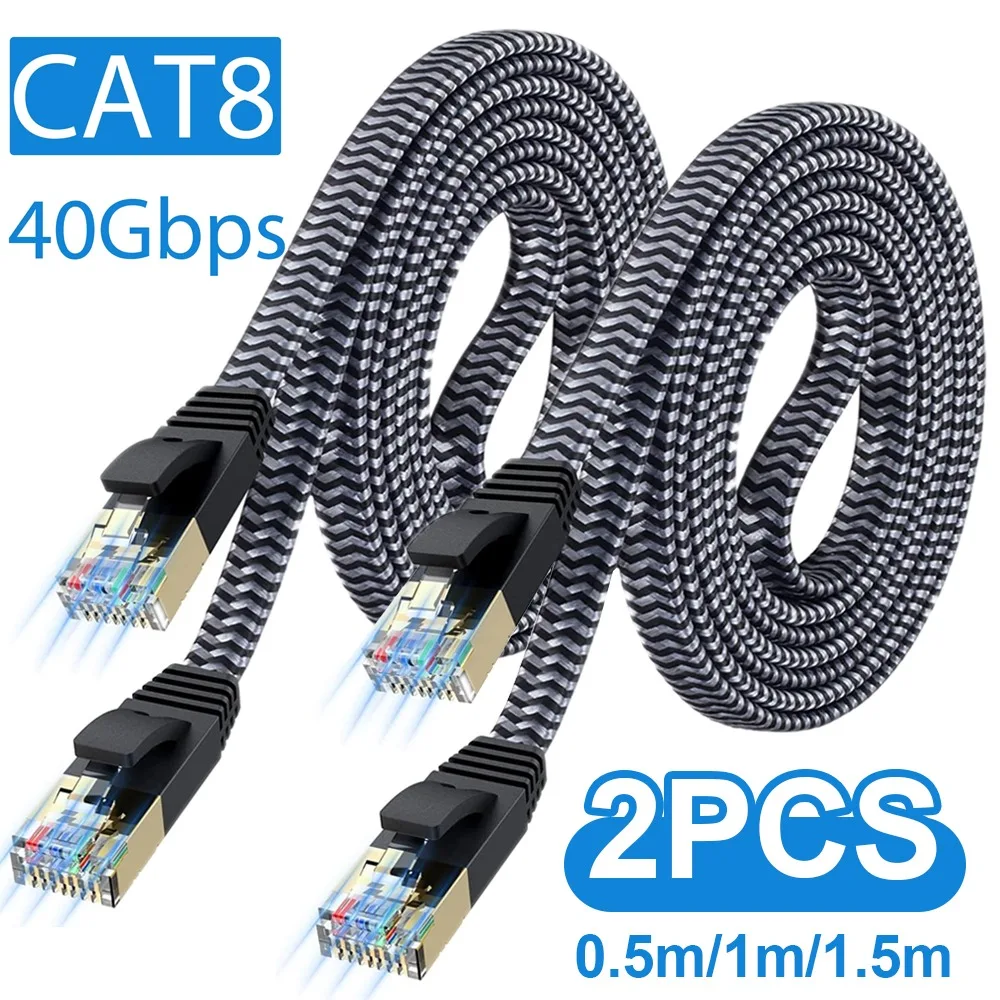1/2 Uds CAT8 Cable Ethernet 40Gbps Cable Lan de red trenzado de nailon plano para PC Modem portátil PS 5 enrutador Cable RJ45 Ethernet Cat 8