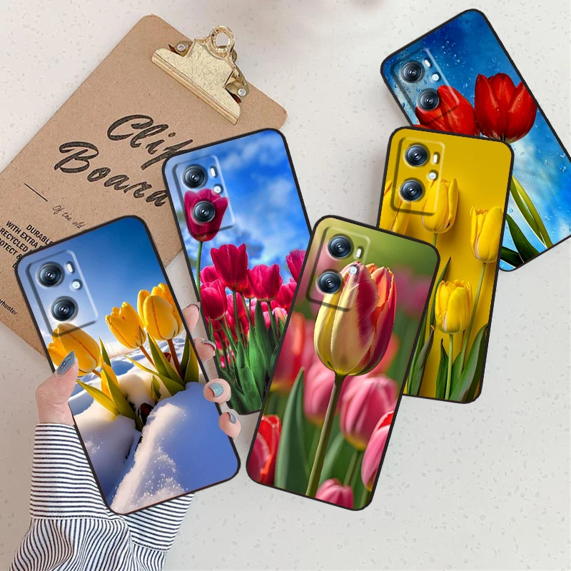 Tulipanes girasol Rosa flor para Xiaomi Redmi 9A 9C 9AT 10C 9 9T 10 12C 13C A3 12 K60 A1 K50 K40 5G, funda negra para teléfono