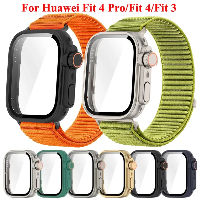 Funda de cristal + bucle de nailon de campo para Huawei Watch Fit 4 Fit 4 Pro pulsera para Huawei Watch Fit 3 cambio a Ultra 2 funda