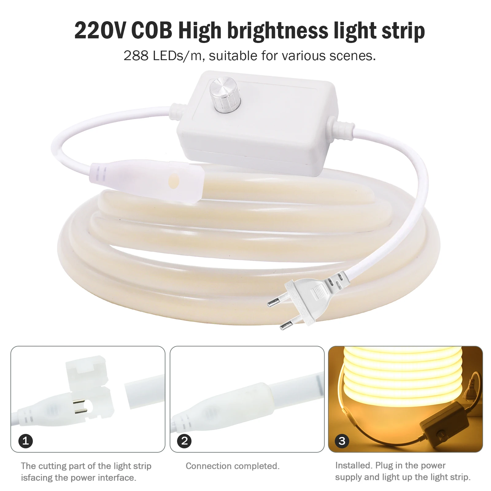 Cinta Led regulable de 220V, tira Led COB de alto brillo 288LEDs/M para habitación, cinta Flexible impermeable para iluminación de jardín al aire libre - imagen 4