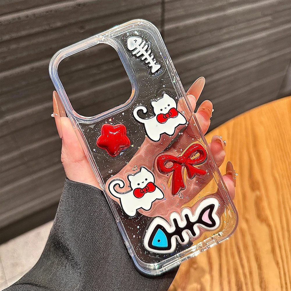 Funda de teléfono transparente con purpurina de pez rosa INS 3D para IPhone 16 15 14 13 Pro Max, funda trasera elegante femenina a prueba de golpes - imagen 5