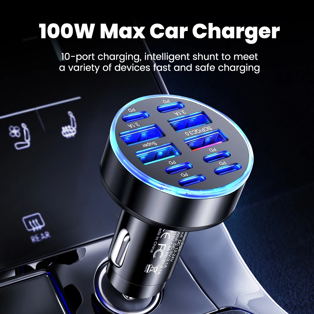 Cargador de coche de 10 puertos 100W carga rápida 4USB + 6PD adaptador de cargador de teléfono de coche de carga rápida para iphone Samsung Huawei Xiaomi - imagen 3