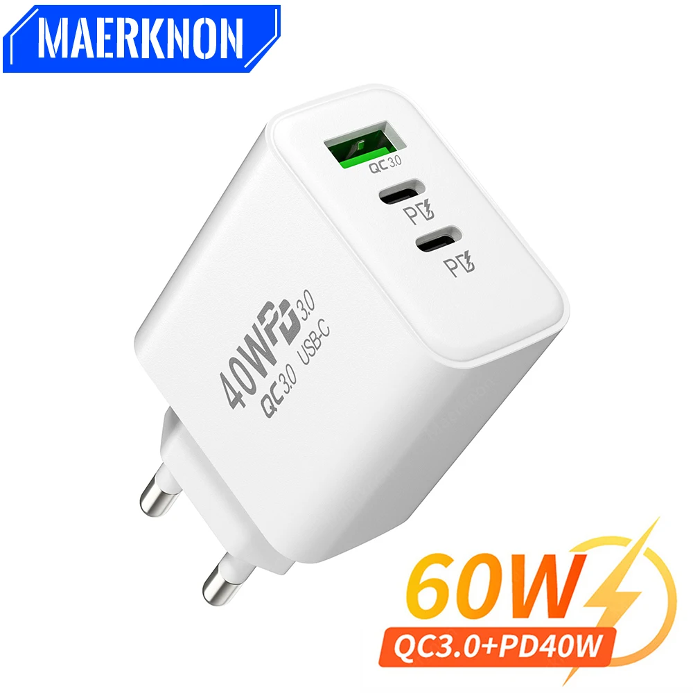 Cargador tipo C de 60W y 3 puertos PD QC3.0, adaptador de cargador de teléfono de carga rápida para iPhone, Xiaomi, Samsung, Huawei, cargador de pared con enchufe UE/EE. UU.