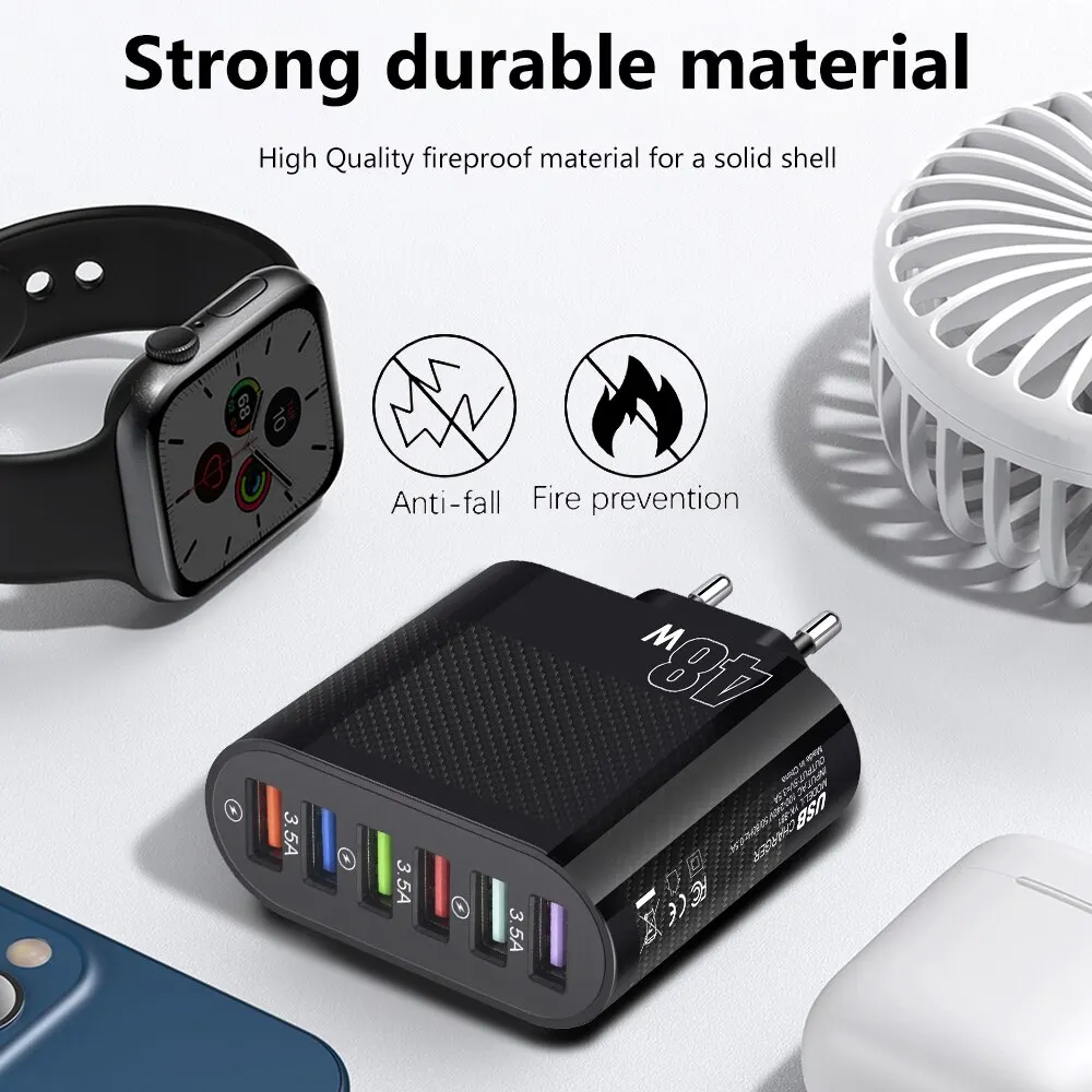48W USB 6 puertos de carga rápida adaptador de teléfono móvil tipo C cargador para IPhone 14 13 Pro Xiaomi Samsung Oneplus QC 3,5 carga de pared - imagen 4