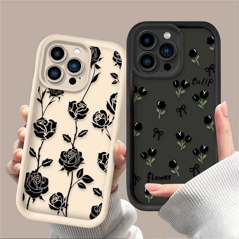 Funda de teléfono de flores negras para iPhone 14, 15 Pro Max, 13, 12, 11, X, XS, XR, 7, 8 Plus, SE 2020, Funda de silicona líquida suave a prueba de golpes - imagen 2