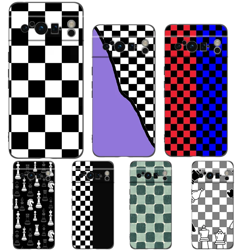 Funda de teléfono con diseño de tablero de ajedrez para Google Pixel 10 9 8 7 6 Pro XL 9A 8A 6A 7A 5G, funda negra de TPU suave a prueba de golpes
