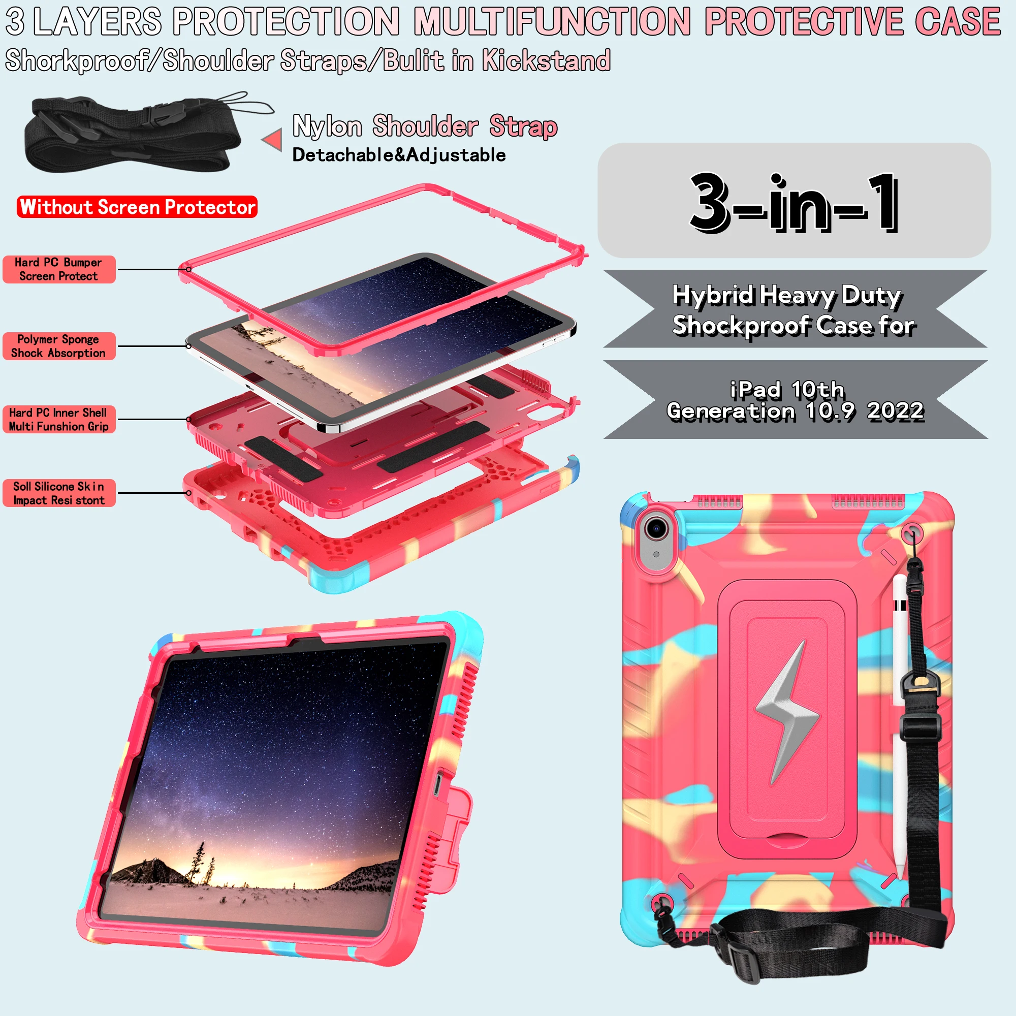 Funda híbrida Armor Universal para iPad 2025 11 "A16 11.a 10,9 2022 10.a generación Funda con soporte incorporado y correa para el hombro - imagen 2